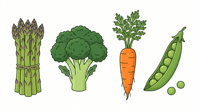 Fresh organic vegetables including crisp green asparagus broccoli stalks orange carrot and garden peas arranged in a vibrant flat illustration