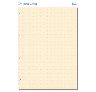 Yellow A4 loose leaf dotted grid sheet displays punched holes and flat vector linework. For printable stationery, worksheets, planners, notes, office, school, writing, organization, layouts