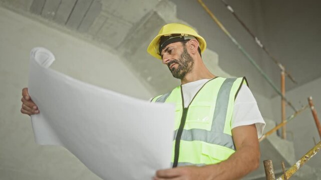 Man engineer holds blueprints and studies plans at building site while wearing hardhat and reflective vest; determination professionalism reliability.