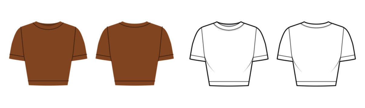 Cropped crew neck top with short sleeves and fitted waist. Technical fashion illustration in black and white color, front and back views, clean outline, minimal silhouette, basic apparel CAD template.