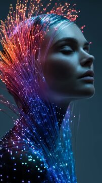 Enchanting fiber optic fashion: model illuminated with vibrant neon light threads