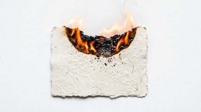 Burnt edges of a rectangular piece of textured handmade paper glowing with bright orange flames against a clean white background