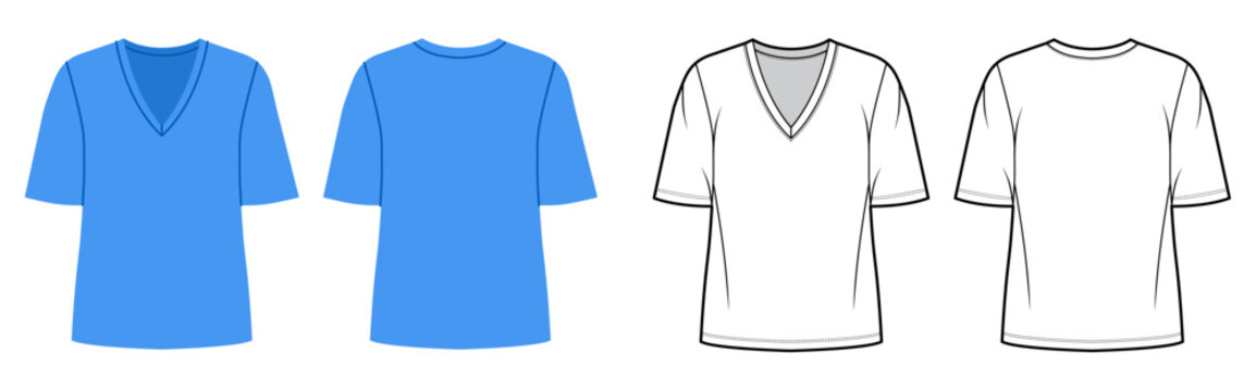 V neck short sleeve t shirt relaxed silhouette clean neckline, smooth contour minimal shaping. Technical fashion illustration in black white color, front and back views, modern apparel CAD template