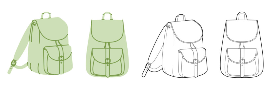 Adventure backpack silhouette bag. Fashion accessory technical illustration. Vector schoolbag front 3-4 view for Men, women, unisex style, flat handbag CAD mockup sketch outline isolated