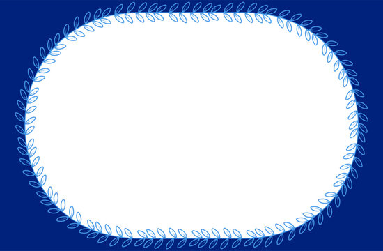 Blue laurel vine border outlines a white capsule frame on deep navy as minimal botanical wedding ornament isolated for invitation labels, menus or elegant stationery layout design projects.