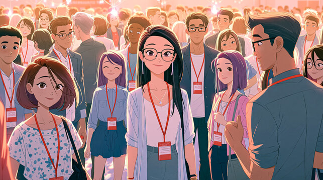 Animated group of young students and interns with lanyards gathering at a youth conference and career fair.