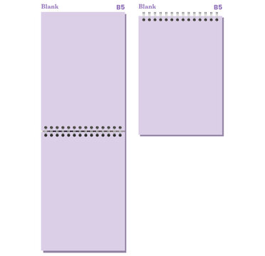 Set of lavender blank B5 spiral pages has black side and top coils, clean rectangular sheets, and gray shadows. Useful for journaling, lesson notes, business planning, or printable inserts
