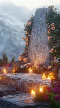 Stone Memorial with Burning Candles and Flowers in a Misty Landscape