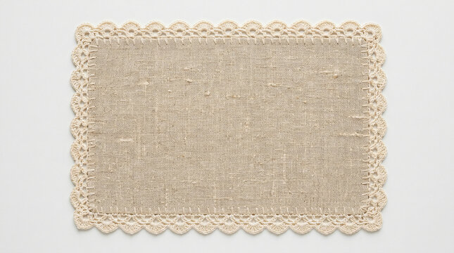 Rectangular beige linen placemat featuring intricate handmade lace edging isolated on a clean white background for elegant kitchen table decoration