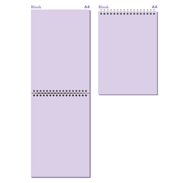 Set of lavender blank A4 spiral pages has black side and top coils, clean rectangular sheets, and gray shadows. Useful for writing, study planning, desk organization, or digital stationery