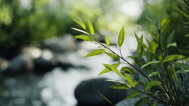 Green willow branches over blurred water.