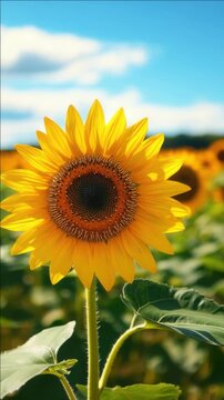 Close-up of a bright yellow sunflower blooming in a field under a clear blue sky