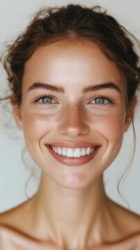 Portrait of a Smiling Woman with Freckles and Light-colored Eyes