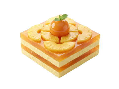 Cute 3D cartoon square pineapple fruit cake dessert with glazed top and mint leaf as isolated on transparent background