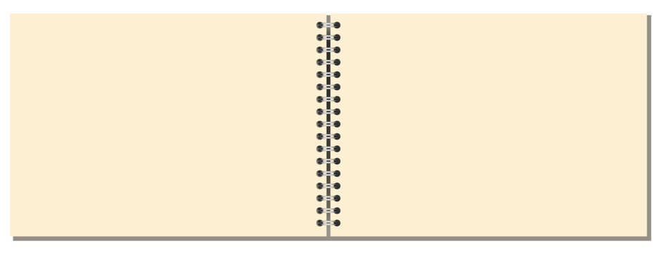 Centered notebook spread shows silver central coils, cream blank paper surface, neat perimeter, soft shadow, white backdrop. For printable stationery, education, office writing, notes, planning