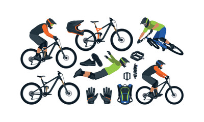 Fototapeta premium Mountain bikers performing stunts and gear elements in dynamic action vector illustration
