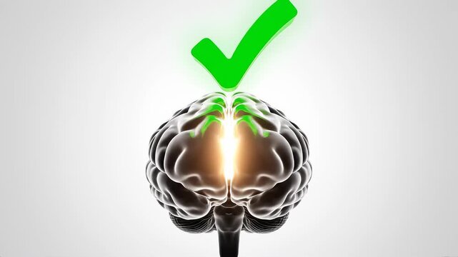 Brain transformation from doubt to clarity with green check mark animation