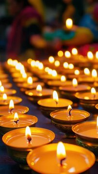 Rows of Lit Oil Lamps with Glowing Gold Flame