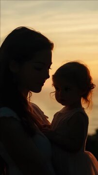 Mother and toddler daughter sharing a tender moment during sunset
