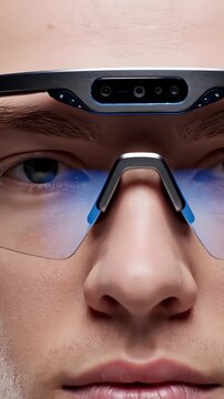 Young man interacting with futuristic ar glasses in hightech environment