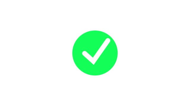 Animated white check mark icon in green circle. Isolated on a white background.