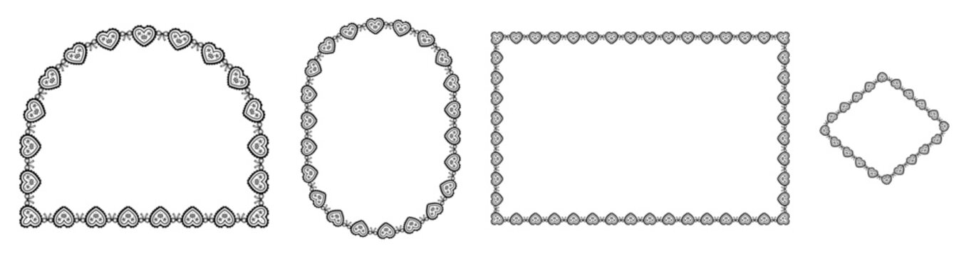 Black scalloped heart lace frames outline arch, oval, rectangle plus diamond borders linked by small bows as decorative romantic trim isolated on white background for invitations or labels.