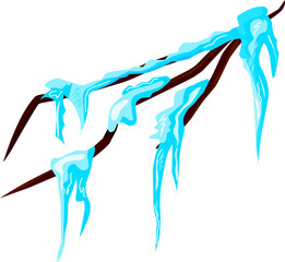 Fototapeta premium A detailed vector illustration of a bare tree branch covered in blue ice cap with sharp hanging icicles. Perfect for winter designs, Christmas cards, seasonal banners, weather icons, and cold climate 