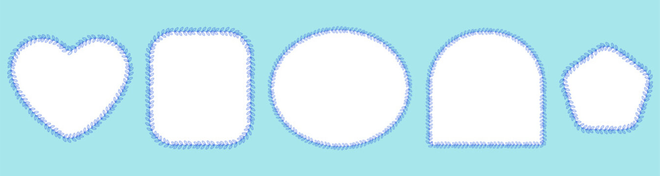 Blue laurel vine borders outline heart, circle, arch plus pentagon frames on pale cyan as minimal botanical wedding trim isolated for invitation labels, tags or sweet stationery layout designs.