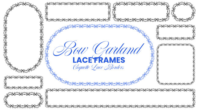 Black bow lace borders with blue title oval plus circle, rectangle, arch and horizontal strip linked by pearl garlands as coquette trim isolated on white background for invitation labels.