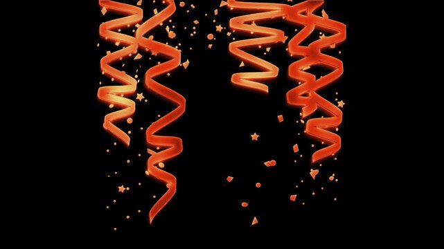 Festive glowing orange streamers and falling confetti isolated on a black background for a celebratory party design element