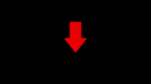 Animated arrow pointing down on black background.Abstract glowing down arrow icon animation