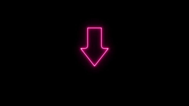 NEON Animated arrow pointing down on black background.Abstract glowing down arrow icon animation