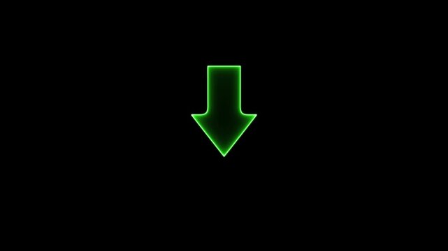 NEON Animated arrow pointing down on black background.Abstract glowing down arrow icon animation