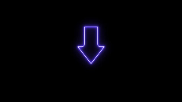 NEON Animated arrow pointing down on black background.Abstract glowing down arrow icon animation