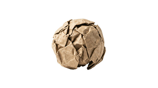 Crumpled ball of brown recycled paper showcasing rough texture and folded edges as an isolated object presented on transparent background