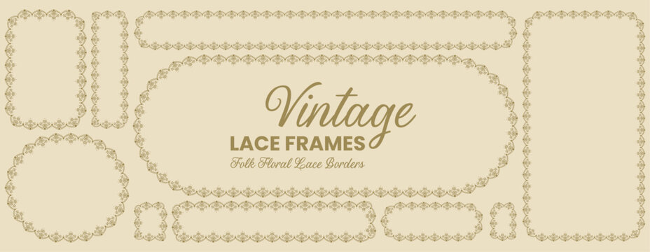 Gold folk floral lace frames shape oval, rectangle, circle plus horizontal strip borders on cream beside title text as vintage embroidery collection isolated for wedding stationery or craft labels.