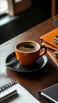 Espresso in a brown ceramic cup on a wooden table