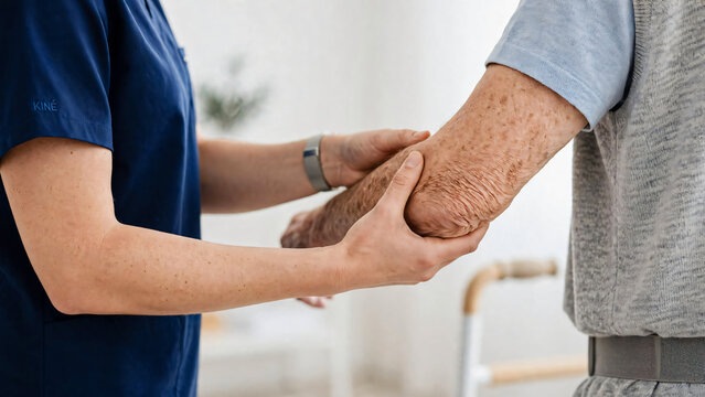 Infirmi&egrave;re aidant un homme ag&eacute; a se mettre debout en le tenant par le bras