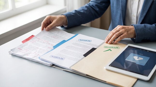 Businessman's hands efficiently manage a document workflow, transitioning from draft to revision to final approval.