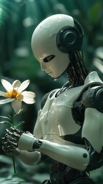 Futuristic humanoid robot holding a white flower in a garden