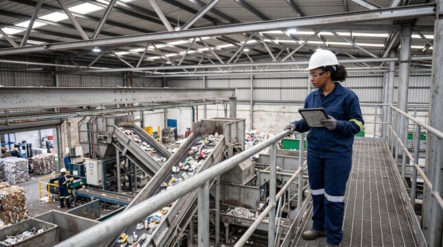 Woman in hard hat and uniform using tablet at recycling plant with conveyor belts sorting waste