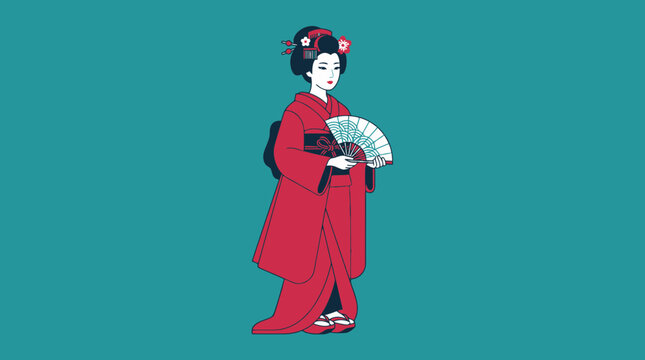 Illustration of a Japanese woman wearing traditional red kimono