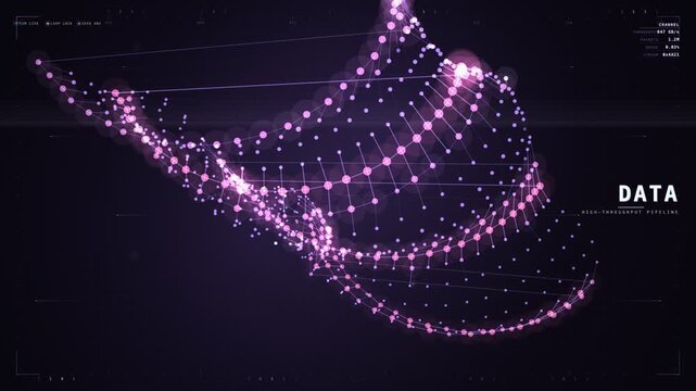 Pink data pipeline crescent network with glowing node arcs motion