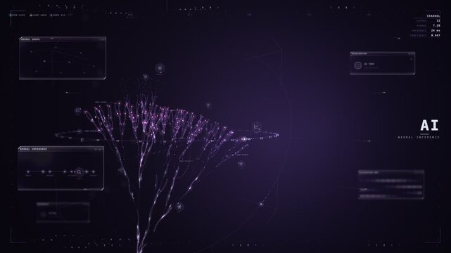 Neural network HUD with glowing purple particle tree inference motion