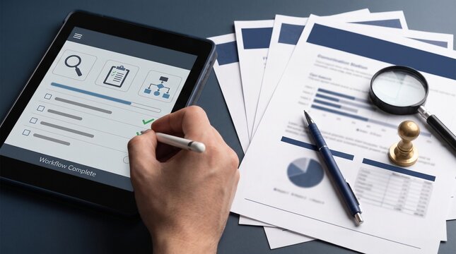 Professional using tablet displaying workflow complete screen with magnifying glass and stamp on marketing analytics desk.