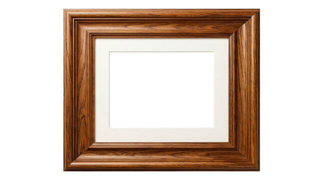 Ornate vintage style dark wooden picture frame with white matte board border displayed isolated within this high quality on transparent background