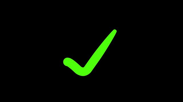 Green Tick mark icon animation on isolated black background. Check mark icon animation. right check mark icon transparent background. isolated tick mark or confirm icon animation. check mark sign,