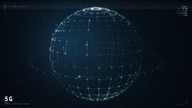 Glowing blue 5G network globe with data mesh technology background