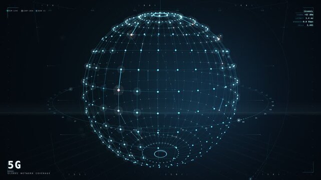 Glowing blue 5G network globe with data mesh technology motion
