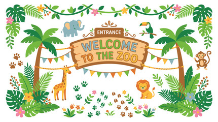 Fototapeta premium Welcome to the zoo signboard with cute cartoon jungle animals. EPS Editable. Vector Illustrations.